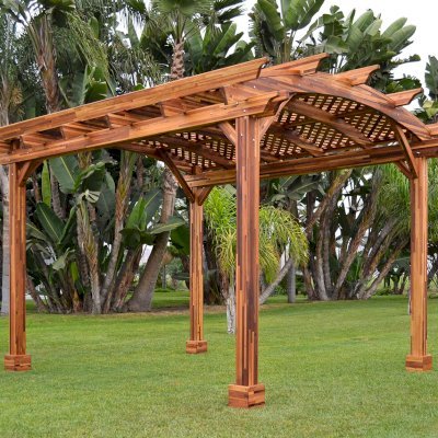 Arched Pergola Kit (Options: 12' L x 14' Arc W, Mosaic Redwood, No Electrical Wiring Trim Kit, No Fan Base, No Privacy Panels, Transparent Premium Sealant).