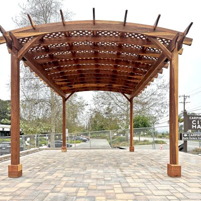 Arched Pergola Kit (Options: 20' L x 14' Arc W, No Privacy Panels, California Redwood, No Electrical Wiring Trims, 10' H Posts, No Curtain Rod, No Privacy Panel, 4-Post Anchor Kit for High-Wind, Transparent Premium Sealant). Pergola Installed in Carpinteria City Hall [5775 Carpinteria Avenue, Carpinteria CA, 93013].