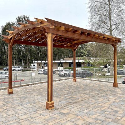 Arched Pergola Kit (Options: 20' L x 14' Arc W, No Privacy Panels, California Redwood, No Electrical Wiring Trims, 10' H Posts, No Curtain Rod, No Privacy Panel, 4-Post Anchor Kit for High-Wind, Transparent Premium Sealant). Pergola Installed in Carpinteria City Hall [5775 Carpinteria Avenue, Carpinteria CA, 93013].