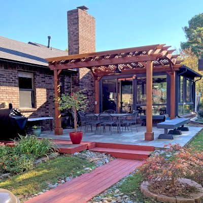 Arched Pergola Kits (Options: 14' L x 12' Arc W, California Redwood, 2 Electrical Wiring Trims, 4-Post Anchor Kit for Concrete, 1 Ceiling Fan Base, No Privacy Panels, No Curtain Rods, Transparent Premium Sealant). Photo Courtesy of J. Treadway of Fayetteville, Arkansas.