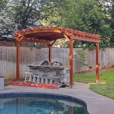 Arched Pergola Kits (Options: 14' L x 14' Arc W, California Redwood, with Rain Guard, Electrical Wiring Trim for 2 Posts, 4-Post Anchor Kit for Concrete, No Ceiling Fan Base, No Privacy Panels, No Curtain Rods, 10' Post Height, Transparent Premium Sealant).