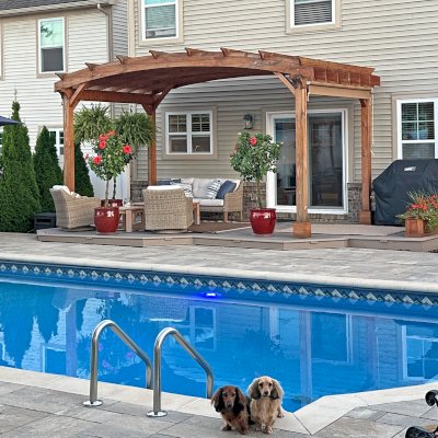 Arched Pergola Kits (Options: 10' L x 18' Arc W, Douglas-Fir, Electrical Wiring Trim for 2 Posts, Post Anchor Kit for High Wind, No Ceiling Fan Base, No Privacy Panels, No Curtain Rods, 10.5' Post Height, Transparent Premium Sealant). Photo Taken 1 Year After Installation. Photo Courtesy of S. Bono of Royal Oak, MI.