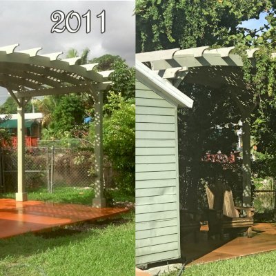 Arched Pergola Kits (Options: 10' L x 20' Arc W, California Redwood, Electrical Wiring Trim Kit for 2 posts, 4-Post Anchor Kit for Stone, No Ceiling Fan Base, No Privacy Panels, No Curtain Rods, 9' Post Height, White Primer Option). This pergola was assembled and painted in S. Florida in 2011. The 2017 photo shows how the paint has mostly held up without any maintenance. It is shown here so customers in tough weather areas that chose to paint their shade structures have a good idea how long the paint will hold up before needing retouching (6 to 8 years).