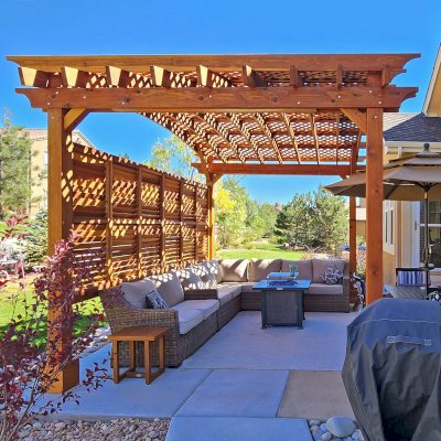 Arched Pergola Kit (Options: 16' L x 12' Arc W, Louver Style Wall Panel, California Redwood, No Electrical Wiring Trims, No Ceiling Fan Base, 2 Louver Privacy Panels Half Height Without Wall, Transparent Premium Sealant). Photo Courtesy of J. Rose of Colorado Springs.