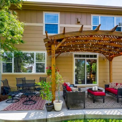 Arched Pergola Kits (Options: 16' L x 12' Arc W, No Privacy Panels, California Redwood, 9ft H, No Electrical Wiring Trim, Include 4-Post Anchor Kit for Stone, No Post Decorative Trim, No Ceiling Fan Base, No Curtain Rods, Transparent Premium Sealant). Participant of Photo Contest 2017.