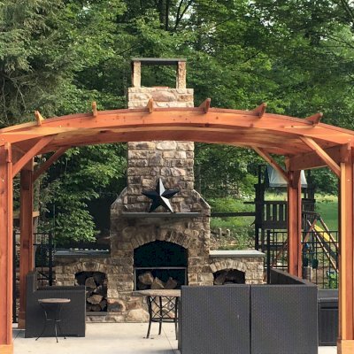 Arched Pergola Kits (Options: 14' L x 16' Arc W, No Privacy Panels, California Redwood, 9ft H, No Electrical Wiring Trim for 2 Posts, Include 4-Post Anchor Kit for Stone, Vertical Post Decorative Trim, No Ceiling Fan Base, No Curtain Rods, Transparent Premium Sealant). Participant of Photo Contest 2017.