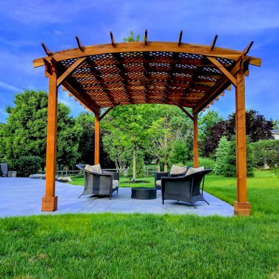 Arched Pergola Kits (Options: 18' L x 14' Arc W, No Privacy Panels, California Redwood, 9.5ft H, Include Electrical Wiring Trim for 2 Posts, Include 4-Post Anchor Kit for Stone, No Post Decorative Trim, Add Ceiling Fan Base, No Curtain Rods, Transparent Premium Sealant). Participant of Photo Contest 2017.