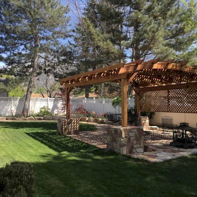 Arched Pergola Kits (Options: 18' L x 14' Arc W, No Privacy Panels, California Redwood, 9.5ft H, Include Electrical Wiring Trim for 2 Posts, Include 4-Post Anchor Kit for Stone, No Post Decorative Trim, Add Ceiling Fan Base, No Curtain Rods, No Retractable Shade Canopy, Transparent Premium Sealant). Participant of Photo Contest 2017.