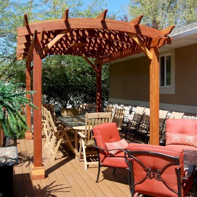 Arched Pergola Kits (Options: 14' L x 10' Arc W, California Redwood, No Electrical Wiring Trim, 4-Post Anchor Kit for Stone, No Ceiling Fan Base, No Privacy Panels, No Curtain Rods, 10' Post Height, Transparent Premium Sealant).