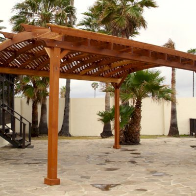 Arched Pergola Kits (Options: 20' L x 16' Arc W, California Redwood, No Electrical Wiring Trim, 4-Post Anchor Kit for Stone, No Ceiling Fan Base, No Privacy Panels, No Curtains Rods, 9' Post Height, Transparent Premium Sealant).