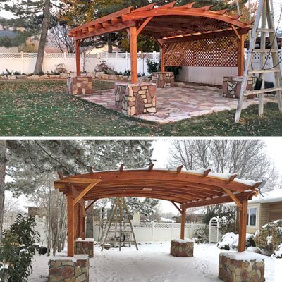 Arched Pergola Kit (Options: 18' L x 18' Arc W, California Redwood, 2 Electrical Wiring Trims, 4-Post Anchor Kit for High-Wind, 1 Ceiling Fan Base, Privacy Panel on 1 Side, No Curtain Rods, Transparent Premium Sealant). Same structure photographed in early fall and in early winter - yes, Redwood will be fine in any weather for decades! Photo Courtesy of P. Halliday of Salt Lake City, UT.