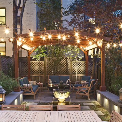 Arched Pergola Kits (Options: 14' L x 14' Arc W, Mature Redwood, 2 Electrical Wiring Trims, 4-Post Anchor Kit for Concrete, 1 Ceiling Fan Base, No Privacy Panels, No Curtain Rods, Transparent Premium Sealant). Photo Courtesy of Steve Walkowiak of Hoboken, NJ.