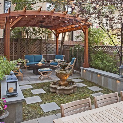 Arched Pergola Kits (Options: 14' L x 14' Arc W, Mature Redwood, 2 Electrical Wiring Trims, 4-Post Anchor Kit for Concrete, 1 Ceiling Fan Base, No Privacy Panels, No Curtain Rods, Transparent Premium Sealant). Photo Courtesy of Steve Walkowiak of Hoboken, NJ.
