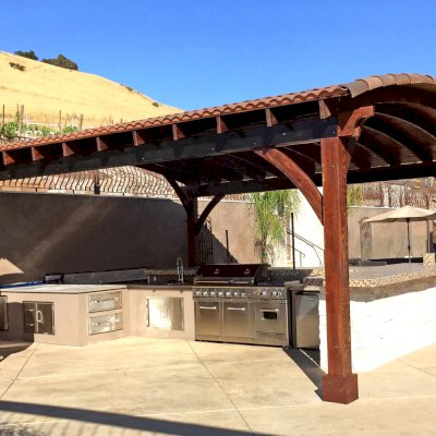 Arched Thick Timber Pavilion (Options: 24' L x 22' Arc W, California Redwood, No Electrical Wiring Trim, 4-Post Anchor Kit for Concrete, No Ceiling Fan Base, No Privacy Panel, No Curtain Rods, 10ft H, Transparent Premium Sealant).