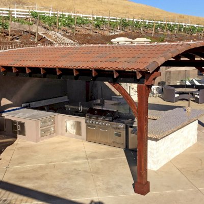 Arched Thick Timber Pavilion (Options: 24' L x 22' Arc W, California Redwood, No Electrical Wiring Trim, 4-Post Anchor Kit for Concrete, No Ceiling Fan Base, No Privacy Panel, No Curtain Rods, 10ft H, Transparent Premium Sealant).