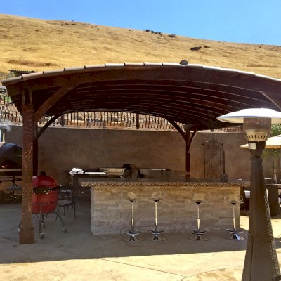 Arched Thick Timber Pavilion (Options: 24' L x 22' Arc W, California Redwood, No Electrical Wiring Trim, 4-Post Anchor Kit for Concrete, No Ceiling Fan Base, No Privacy Panel, No Curtain Rods, 10ft H, Transparent Premium Sealant).