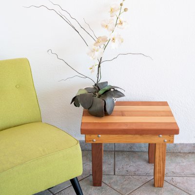 Ashley's Multi Colored Wood Table (Options: 24" L x 18" W, California Redwood and Old-Growth Redwood, 18"H, Transparent Premium Sealant).