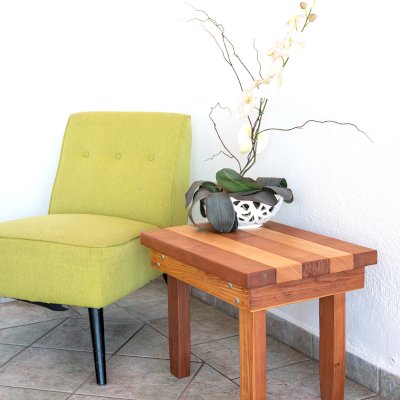 Ashley's Multi Colored Wood Table (Options: 24" L x 18" W, California Redwood and Old-Growth Redwood, 18"H, Transparent Premium Sealant).