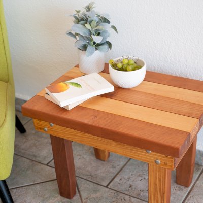 Ashley's Multi Colored Wood Table (Options: 24" L x 18" W, California Redwood and Old-Growth Redwood, 18"H, Transparent Premium Sealant).