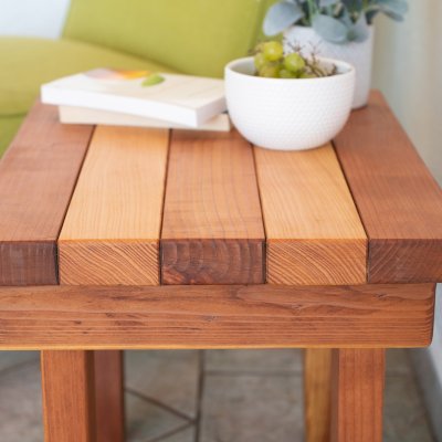 Ashley's Multi Colored Wood Table (Options: 24" L x 18" W, California Redwood and Old-Growth Redwood, 18"H, Transparent Premium Sealant).