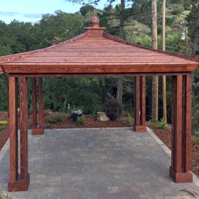 Asian Fusion Pavilion (Options: 18 ft L x 18 ft W, Douglas-fir, 4-Traditional Asian Fusion Anchoring Set, No Electrical Wiring Trim, 10 ft H, No Ceiling Fan, No Privacy Panels, No Curtain Rods, Coffee-Stain Premium Sealant). Photo Courtesy of M. Chadha of Saratoga, CA.