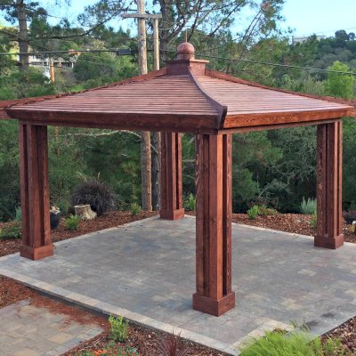 Asian Fusion Pavilion (Options: 18 ft L x 18 ft W, Douglas-fir, 4-Traditional Asian Fusion Anchoring Set, No Electrical Wiring Trim, 10 ft H, No Ceiling Fan, No Privacy Panels, No Curtain Rods, Coffee-Stain Premium Sealant). Photo Courtesy of M. Chadha of Saratoga, CA.