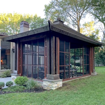 Asian Fusion Pavilion (Options: 22 ft L x 16 ft W, Mature Redwood, 4-Traditional Asian Fusion Anchoring Set, No Electrical Wiring Trim, 10 ft H, No Ceiling Fan, No Privacy Panels, No Curtain Rods, Coffee-Stain Sealant). Custom Screens Added: Customer called 5 years after original order was installed to add screens all around. You can see the different finish between the newly added screens and the original structure.