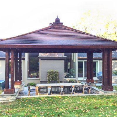 Asian Fusion Pavilion (Options: 22 ft L x 16 ft W, Mature Redwood, 4-Traditional Asian Fusion Anchoring Set, No Electrical Wiring Trim, 10 ft H, No Ceiling Fan, No Privacy Panels, No Curtaind Rod, Coffee-Stain Sealant).