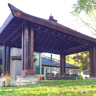 Asian Fusion Pavilion (Options: 22 ft L x 16 ft W, Mature Redwood, 4-Traditional Asian Fusion Anchoring Set, No Electrical Wiring Trim, 10 ft H, No Ceiling Fan, No Privacy Panels, No Curtain Rods, Coffee-Stain Sealant).