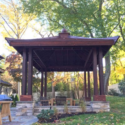 Asian Fusion Pavilion (Options: 22 ft L x 16 ft W, Mature Redwood, 4-Traditional Asian Fusion Anchoring Set, No Electrical Wiring Trim, 10 ft H, No Ceiling Fan, No Privacy Panels, No Curtaind Rod, Coffee-Stain Sealant).