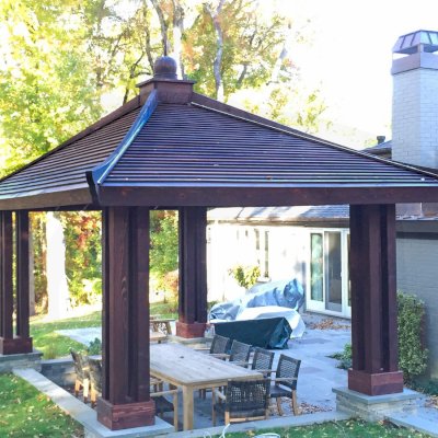 Asian Fusion Pavilion (Options: 22 ft L x 16 ft W, Mature Redwood, 4-Traditional Asian Fusion Anchoring Set, No Electrical Wiring Trim, 10 ft H, No Ceiling Fan, No Privacy Panels, No Curtain Rods, Coffee-Stain Sealant).