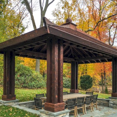 Asian Fusion Pavilion (Options: 22 ft L x 16 ft W, Mature Redwood, 4-Traditional Asian Fusion Anchoring Set, No Electrical Wiring Trim, 10 ft H, No Ceiling Fan, No Privacy Panels, No Curtain Rods, Coffee-Stain Sealant).