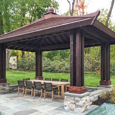 Asian Fusion Pavilion (Options: 22 ft L x 16 ft W, Mature Redwood, 4-Traditional Asian Fusion Anchoring Set, No Electrical Wiring Trim, 10 ft H, No Ceiling Fan, No Privacy Panels, No Curtain Rods, Coffee-Stain Sealant).