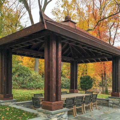 Asian Fusion Pavilion (Options: 22 ft L x 16 ft W, Mature Redwood, 4-Traditional Asian Fusion Anchoring Set, No Electrical Wiring Trim, 10 ft H, No Ceiling Fan, No Privacy Panels, No Curtain Rods, Coffee-Stain Sealant).