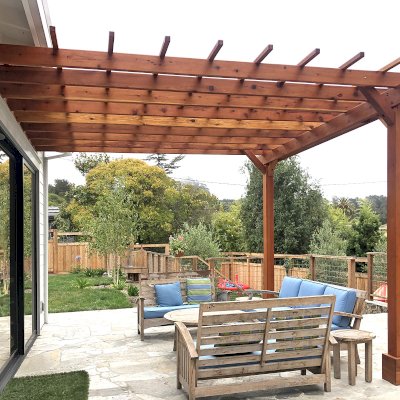 Attached Garden Pergola (Options: 14' x 13', California Redwood, Open Roof with Slats at 18", Rafters at 18", 2-Post Anchor Kit for Concrete, No Ceiling Fan Base, Transparent Premium Sealant). Photo Courtesy of B. Tewksbury of Mill Valley, California.