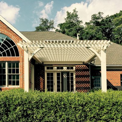 Attached Garden Pergolas (Options: 14' L x 14' W, California Redwood, No Electrical Wiring Trim, 2-Post Anchor Kit for High-Wind, Open Roof with Slats at 6", Rafters at 18", 2x4's Slats and 2x8's Rafters by Custom Request, No Post Decorative Trims, Custom Paint). Photo Courtesy of Walt and Mayra Talunas of West Chester, Pennsylvania.