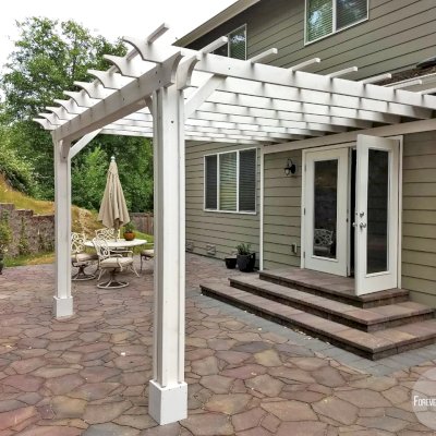 Attached Garden Pergolas (Options: 14' x 14', Attached to Wall by Supports Side, Douglas-fir, Electrical Wiring Trim for 2 Posts, Open Roof with Slats at 18", Vertical Decorative Trims on Posts, Off-White Oil-Based Primer).