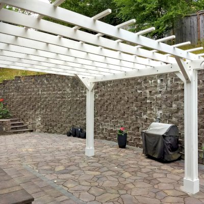 Attached Garden Pergolas (Options: 14' x 14', Attached to Wall by Supports Side, Douglas-fir, Electrical Wiring Trim for 2 Posts, Open Roof with Slats at 18", Vertical Decorative Trims on Posts, Off-White Oil-Based Primer).