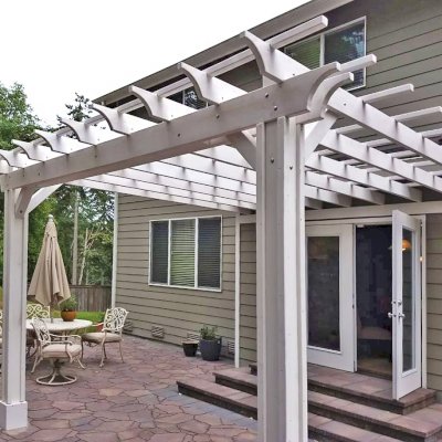 Attached Garden Pergolas (Options: 14' x 14', Attached to Wall by Supports Side, Douglas-fir, Electrical Wiring Trim for 2 Posts, Open Roof with Slats at 18", Vertical Decorative Trims on Posts, Off-White Oil-Based Primer).