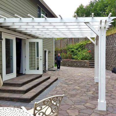 Attached Garden Pergolas (Options: 14' x 14', Attached to Wall by Supports Side, Douglas-fir, Electrical Wiring Trim for 2 Posts, Open Roof with Slats at 18", Vertical Decorative Trims on Posts, Off-White Oil-Based Primer).