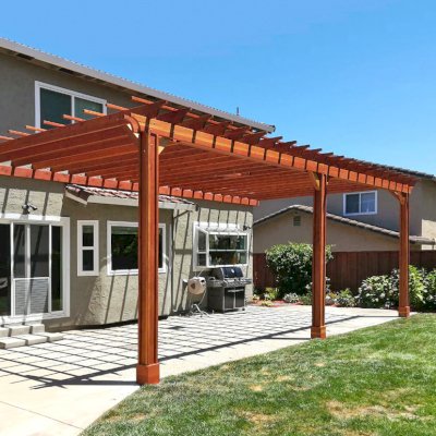 Attached Garden Pergolas (Options: 30' L x 15' W, Attached to Wall by Rafters Side, California Redwood, No Electrical Wiring Trim, 3-Post Anchor Kit for High-Wind, Open Roof with Slats at 18", Rafters at 18", No Post Decorative Trims, Transparent Premium Sealant). Photo Courtesy of Sean Canevaro of Milpitas, California.