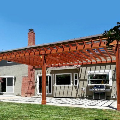 Attached Garden Pergolas (Options: 30' L x 15' W, Attached to Wall by Rafters Side, California Redwood, No Electrical Wiring Trim, 3-Post Anchor Kit for High-Wind, Open Roof with Slats at 18", Rafters at 18", No Post Decorative Trims, Transparent Premium Sealant). Photo Courtesy of Sean Canevaro of Milpitas, California.