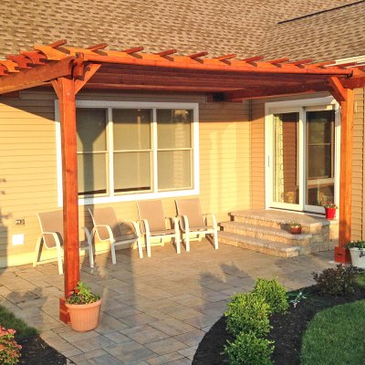 Attached Garden Pergolas (Options: 12' x 18', Attached to Wall by Rafters Side, California Redwood, No Electrical Wiring Trim, Open Roof with Slats at 18", Transparent Premium Sealant).