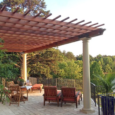 Attached Garden Pergolas (Options: 30' L x 14' W, Mature Redwood, No Electrical Wiring Trim, Open Roof with Slats at 12", Posts Wrapped with Columns After Installation, Transparent Premium Sealant). Photo Courtesy of Casey Graybeal of Gainesville, Georgia.