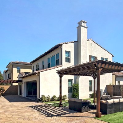 Attached Garden Pergolas (Options: 20' x 16', Douglas-fir, Open Roof with Slats at 18", Rafters at 18", 2-Post Anchor Kit for Concrete, 1 Ceiling Fan Base, Custom Paint). Photo Also Shows a Traditional Garden Pergola. Photo Courtesy of M. Ibrahim Elfar of Irvine, California.