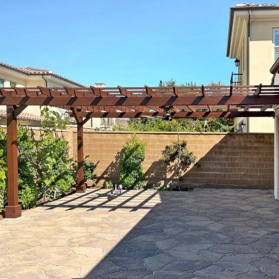 Attached Garden Pergolas (Options: 20' x 16', Douglas-fir, Open Roof with Slats at 18", Rafters at 18", 2-Post Anchor Kit for Concrete, 1 Ceiling Fan Base, Custom Paint). Photo Courtesy of M. Ibrahim Elfar of Irvine, California.