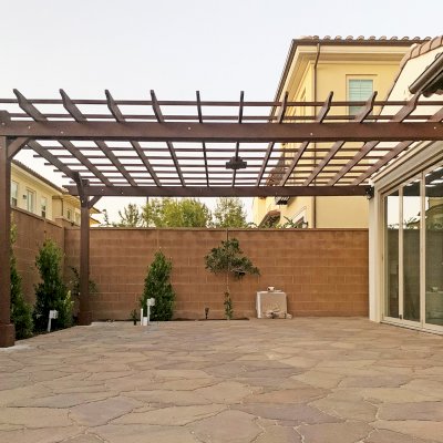 Attached Garden Pergolas (Options: 20' x 16', Douglas-fir, Open Roof with Slats at 18", Rafters at 18", 2-Post Anchor Kit for Concrete, 1 Ceiling Fan Base, Custom Paint). Photo Courtesy of M. Ibrahim Elfar of Irvine, California.