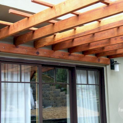 Attached Garden Pergolas (Options: 12' L x 12' W, Attached to Wall by Support Side, Mature Redwood, No Electrical Wiring Trim, Open Roof with Slats at 18", 2-Post Anchor Kit for Concrete, Transparent Premium Sealant).
