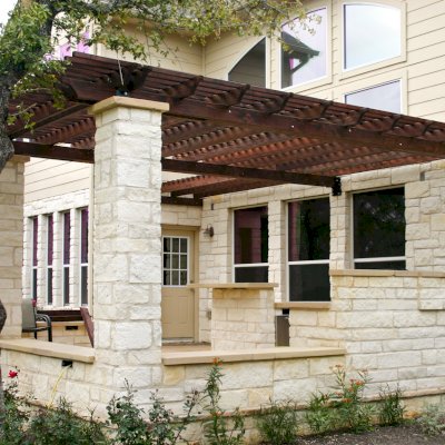 Attached Garden Pergolas (Options: 18' x 15', Attached to Wall by Rafters Side, Mature Redwood, Open Roof with Slats at 6", Pergola Installed Atop Load Bearing Columns, Coffee-Stain Sealant).