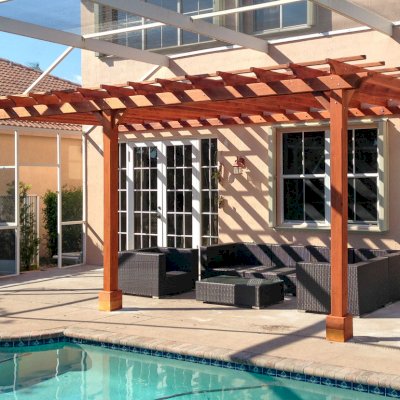 Attached Garden Pergolas (Options: 25' L x 12' W, Attached to the Wall by Support Side, No Privacy Panels, California Redwood, No Electrical Wiring Trim, Open Roof with Slats at 18", 3-Post Anchor Kit for Concrete, Transparent Premium Sealant).
